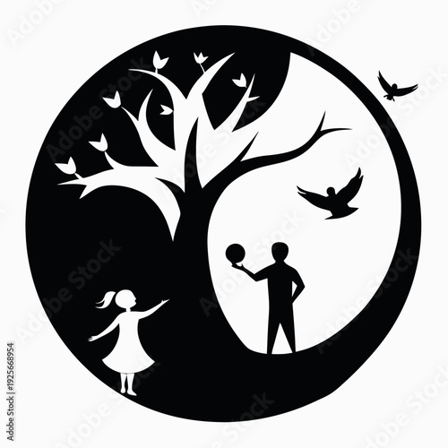 Black and white silhouette art tree with curved baby