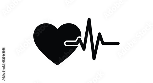 A black heart symbol connected to a simple electrocardiogram heartbeat line