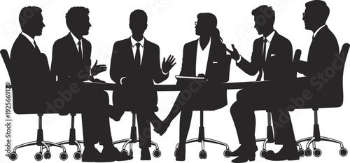 Six people in business attire sitting around a conference table in a meeting with one person gesturing