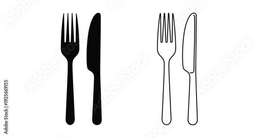 Black and white illustration of two sets of dining cutlery