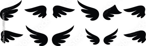 Ten black wing shapes arranged in two rows on a white background wings silhouette