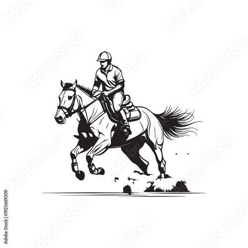 A black and white of a jockey riding a horse at full gallop, kicking up dirt, with a clean, dynamic line style on a white