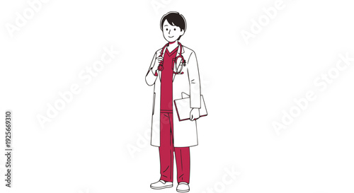 A smiling asian doctor wearing a white lab coat and pink scrubs standing