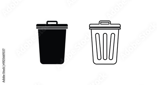 Two trash cans a solid black version and a line art depiction