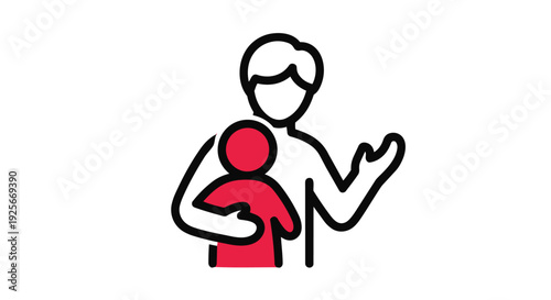 A simple line icon of a person holding and explaining to another person