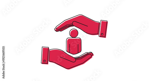 A red icon of hands supporting a person for protection and care concepts