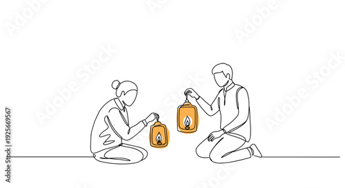 Line drawing of two people celebrating Diwali Festival with decorative lanterns in their hands on a transparent background