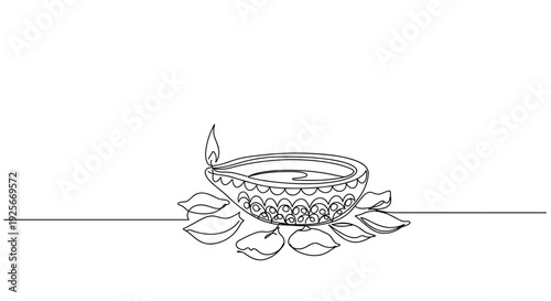 Line drawing of a traditional Diwali oil lamp surrounded by decorative flowers on a transparent background