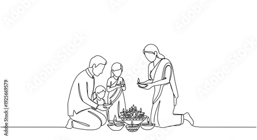 Line drawing of a family celebrating Diwali Festival with diya lamps on a transparent background