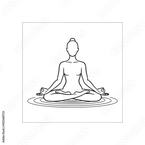 Line of a person meditating in lotus pose with hands in Gyan Mudra on concentric circles representing tranquility and inner