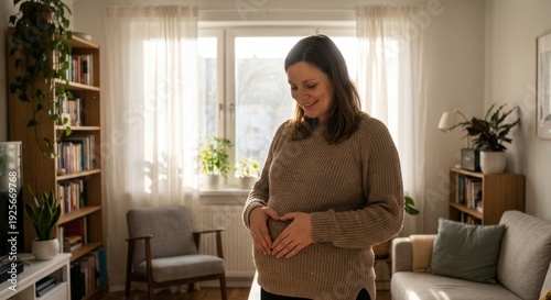 Pregnant woman in cozy living room smiling and cradling belly in sunlit home setting