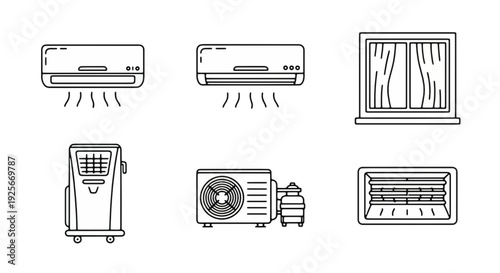Air conditioner  outline icons set isolated on white background flat vector illustration