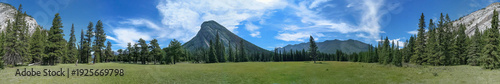 Panel kuchenny z motywem Panoramic view of a sunny meadow in the foreground with tall pine trees and the side view of Mount Rundle during the summer in Banff National Park.