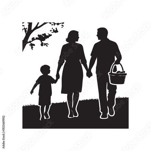 Black silhouette of a family of three walking hand in hand with a picnic basket in a park setting with a tree and grass