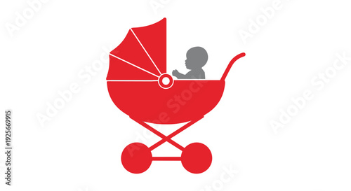 A red baby stroller with a gray baby inside