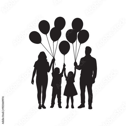 Family of four holding balloons silhouette with white background keywords