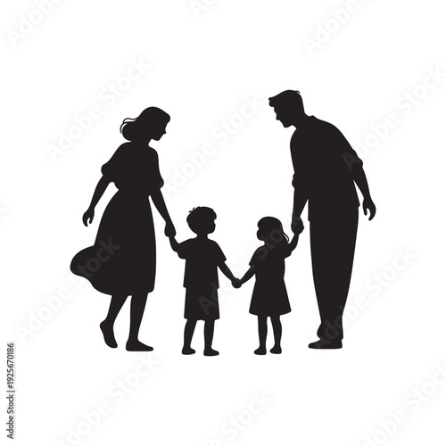 Silhouette of a family with two children holding hands with their parents in a circular formation on a white background
