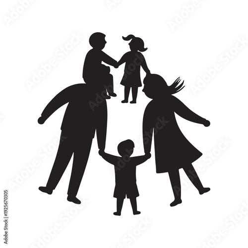 Silhouette of a family of four arranged in a circle with one child on a parent's shoulders on a white background