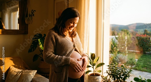 Pregnant woman by window embracing belly in warm natural light