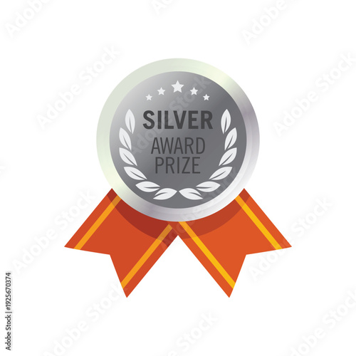 Silver Medal Award with Red Neck Ribbon and Laurel Wreath and Stars. Vector Illustration