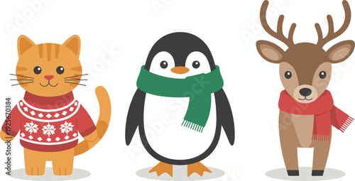 Cute winter animals set cat penguin and deer wearing scarf and sweater Christmas holiday vector illustration flat cartoon style design