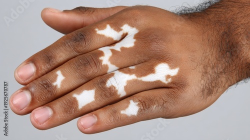 Human skin on the back of a dark-toned hand exhibits patches of lighter pigmentation.
