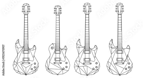 A set of four electric guitars in different positions, illustrated in a minimalist line art style.