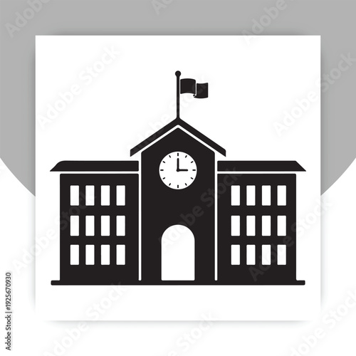 School Building Silhouette Vector Icon – Educational Institution with Clock and Flag Illustration Isolated on White,
