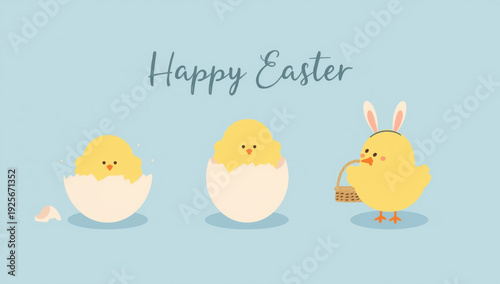 Easter chicks hatching from eggs with bunny chick holding basket chick with bunny ears