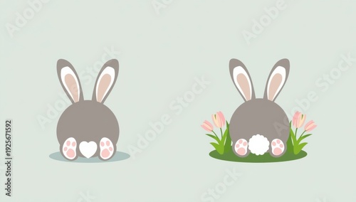 Two gray bunnies with pink paws and white flowers on green background