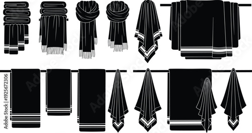 Towel icons set, scarf silhouette, folded fabric, draped textile, hanging towel, decorative border, household items, fashion styling, interior design, vector illustration