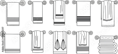 Towel rack illustration, folded towel, hanging towel, bathroom decor, textile design, spa interior, hygiene, home organization, laundry, cleanliness artwork