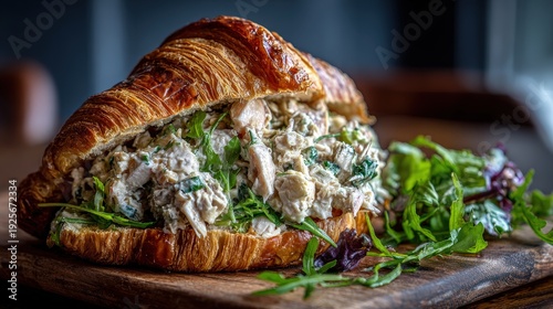 Flaky golden croissant filled generously with savory poultry salad and fresh greens rests on a rustic wooden board.