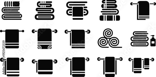 Towel icons, folded towel, hanging towel, rolled towel, bathroom decor, textile design, spa interior, hygiene, laundry, home organization, cleanliness