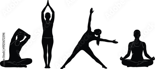 Yoga silhouette illustration, meditation vector art, mountain pose, triangle pose, side stretch, lotus posture, mindfulness, wellness, fitness, spirituality, black and white drawing
