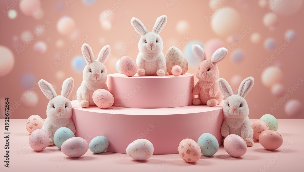 Five pastel stuffed bunnies on pink display stand with colorful eggs stuffed animals