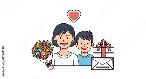 A heartwarming colored illustration portrays a cheerful grandmother embracing her grandson, surrounded by thoughtful gifts, a beautiful bouquet, and a loving heart.