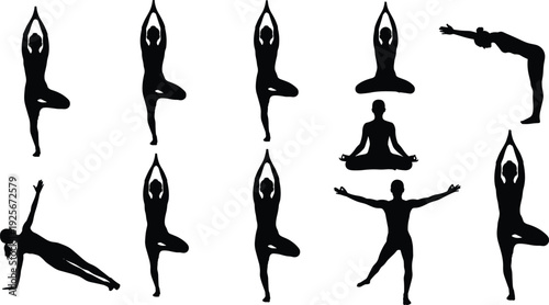 Yoga silhouette illustration, meditation vector art, tree pose, warrior pose, seated posture, balance, wellness, mindfulness, fitness, spirituality, black and white drawing