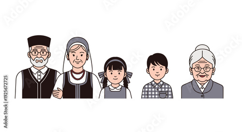 Smiling individuals, spanning generations, are depicted as busts wearing traditional Eastern European or Jewish folk attire and headwear.