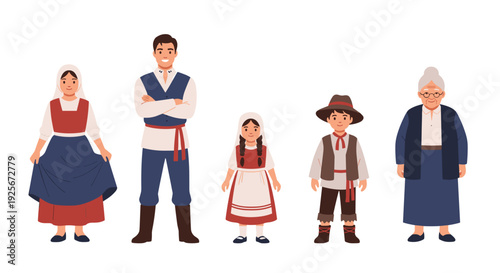 A traditional European family of five, spanning multiple generations, stands together wearing authentic folk costumes in a vibrant illustration.