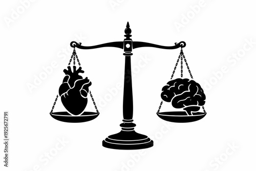 Heart and brain balanced on scales symbolizing emotional versus logical thinking