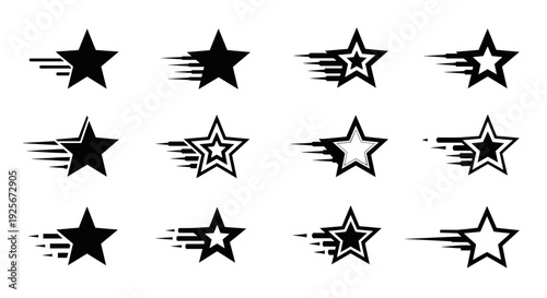 A set of black and white star icons with motion lines on a transparent background