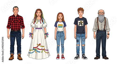 A vibrant and diverse illustration showcasing five individuals across different generations, dressed in a mix of traditional and modern clothing, representing a contemporary community.