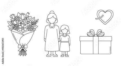 A black and white line art illustration showcasing a beautiful bouquet of flowers, a loving mother and daughter, a neatly wrapped gift box, and a heart symbol.
