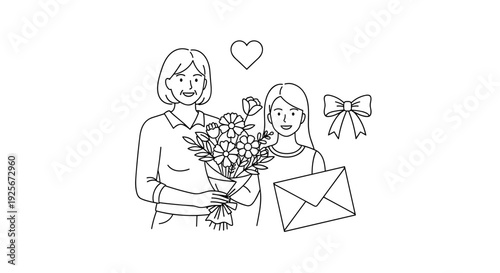An endearing outline illustration depicting a mother and daughter sharing a moment, surrounded by a lovely bouquet of flowers, a heart symbol, a decorative bow, and an envelope.