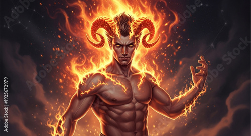 Fiery Aries Zodiac Sign Man with Ram Horns and Flames.