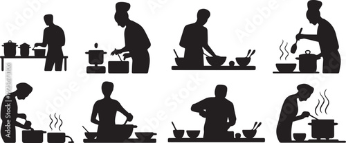 Chefs Preparing Various Dishes In Kitchen Silhouettes