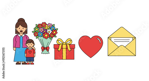 A joyful scene depicting Mother's Day celebration essentials, showcasing a happy mother and her child, alongside a colorful bouquet, a wrapped gift, a heart, and an open envelope.