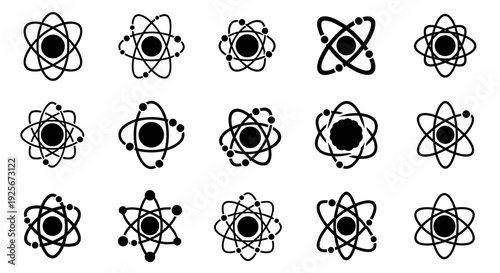 A set of black and white vector graphic atomic symbols arranged in rows on a plain white background