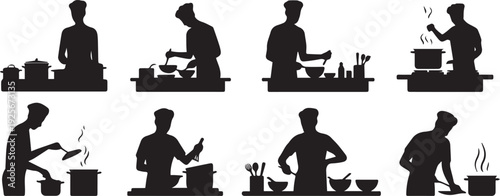 Chef Preparing Various Dishes In Kitchen Silhouettes